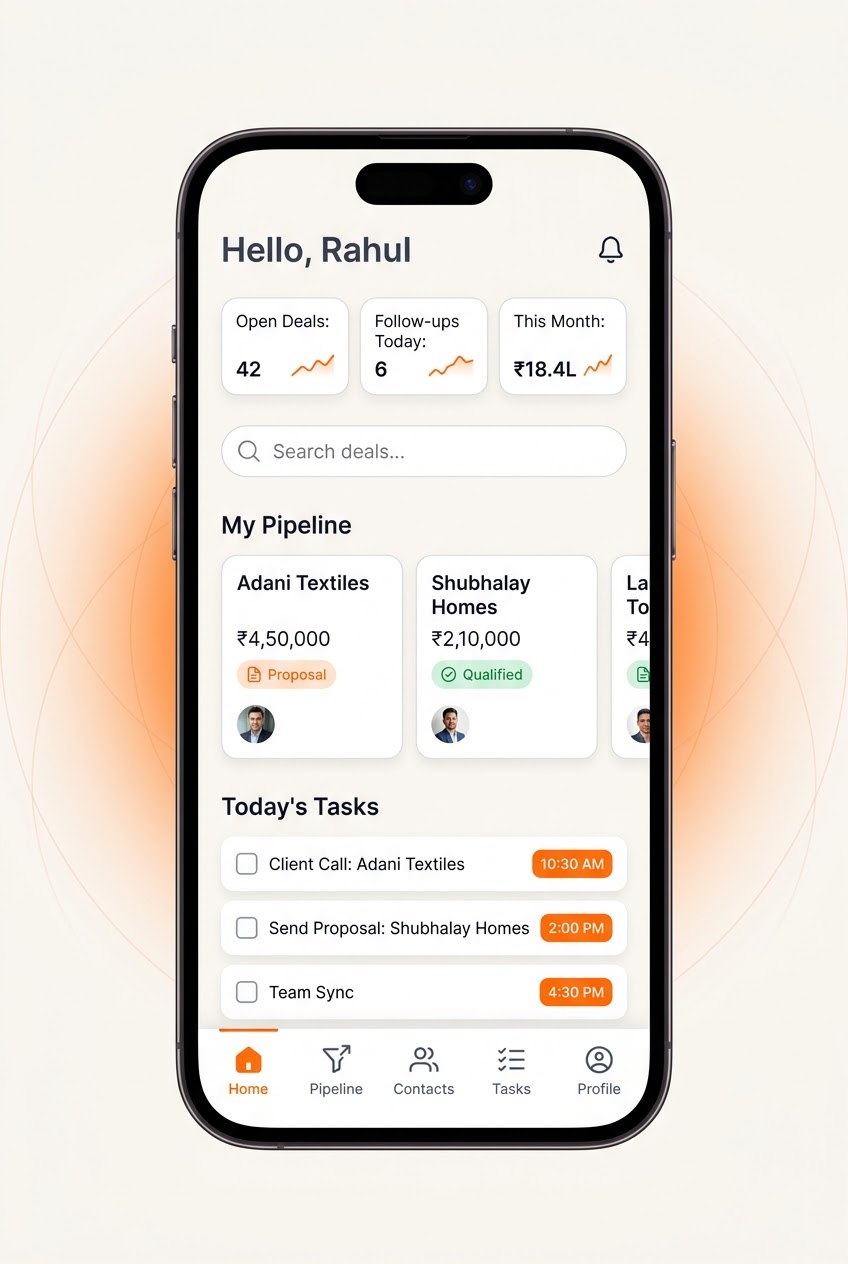 Custom CRM mobile app preview — Fruxinfo