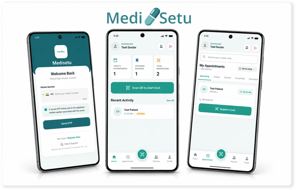 MediSetu doctor app portfolio screenshot — Fruxinfo
