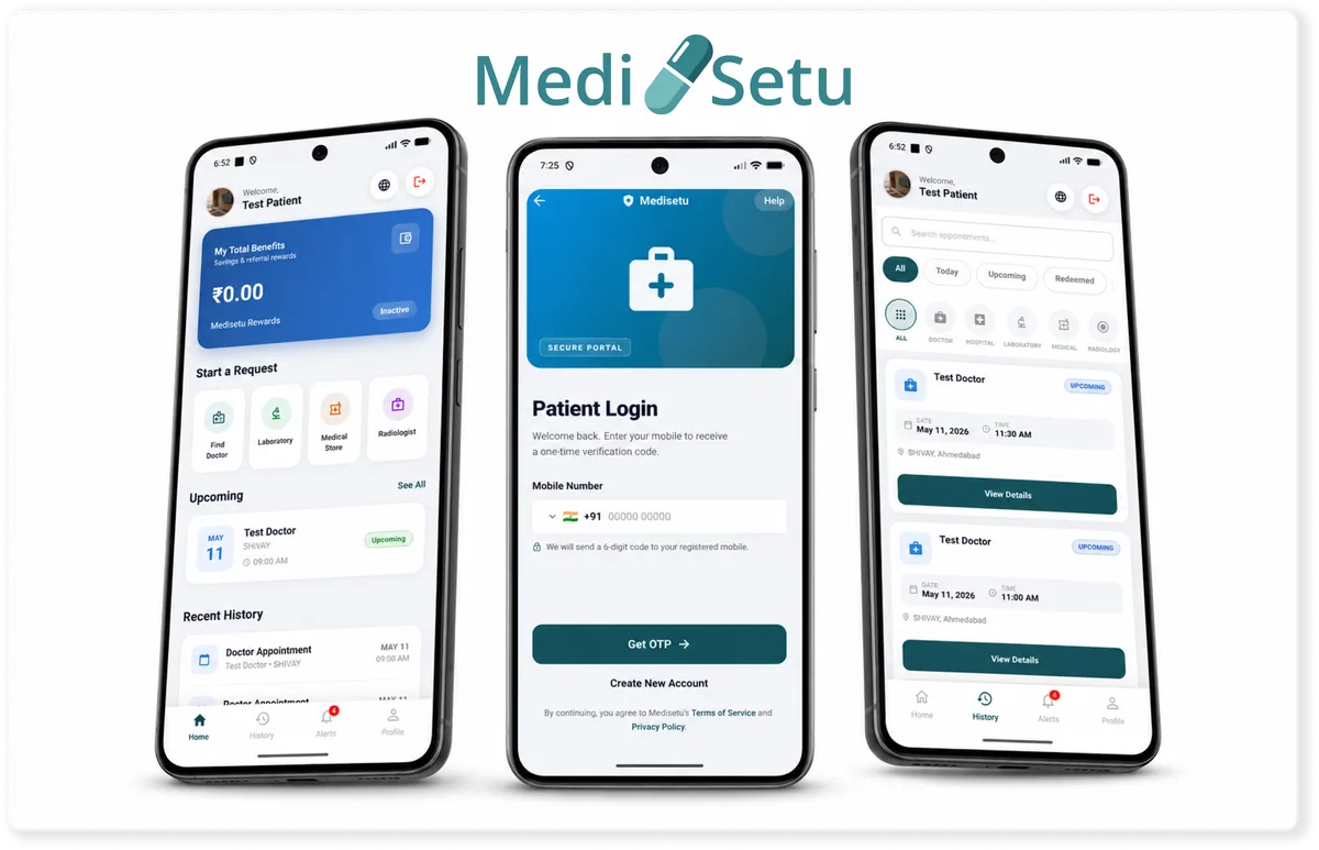 MediSetu patient app portfolio screenshot — Fruxinfo
